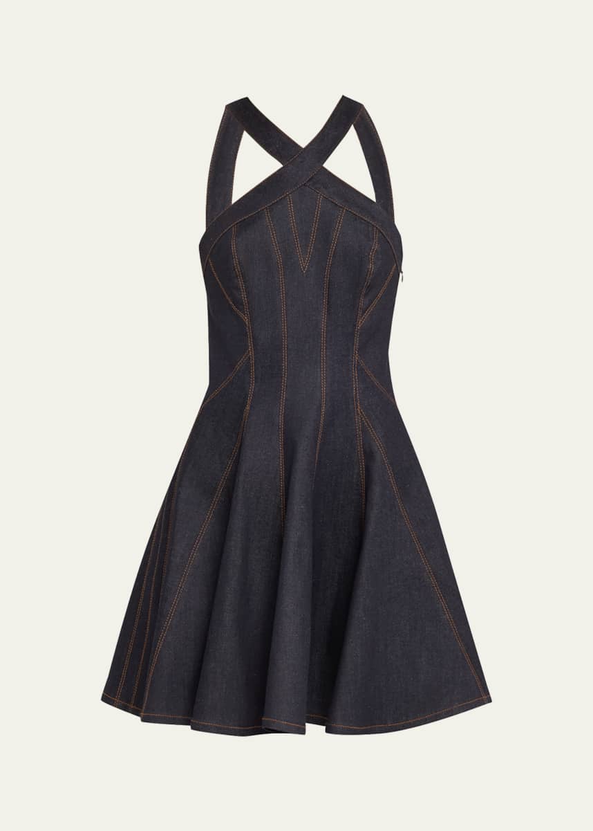 Prabal Gurung Halter Curved Seam Denim Mini Skater Dress