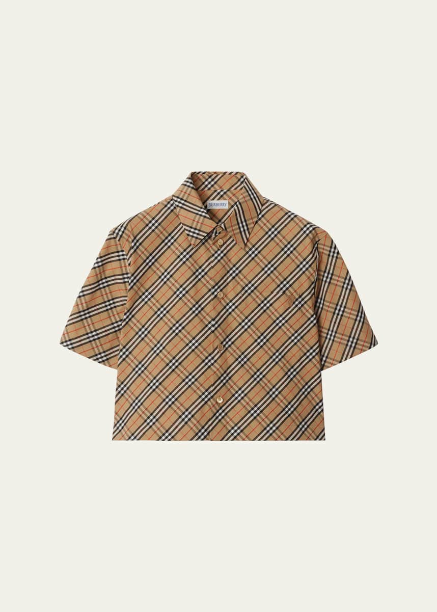 Burberry Check Short-Sleeve Crop Button-Down Shirt
