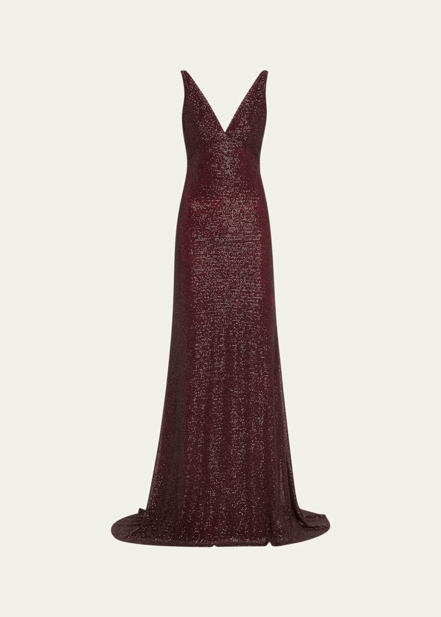 Naeem Khan Bead Sequined V-Neck Cowl Back Gown