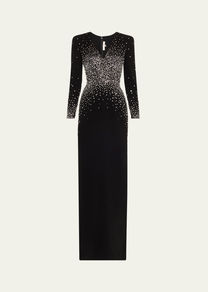 Naeem Khan V-Neck Crystal Long Sleeve Column Gown