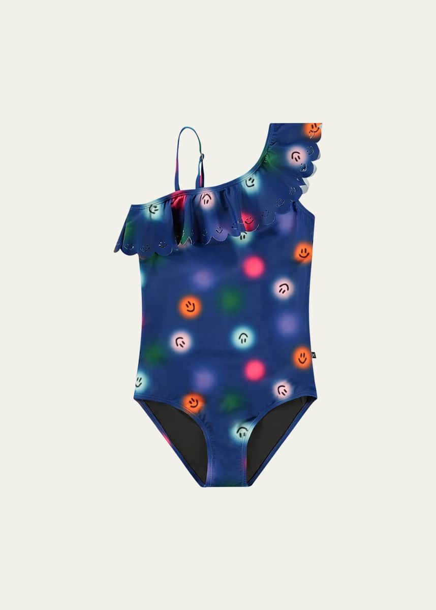 Molo Girl's Net Ruffled One-Shoulder One-Piece Swimsuit, Size 3-7