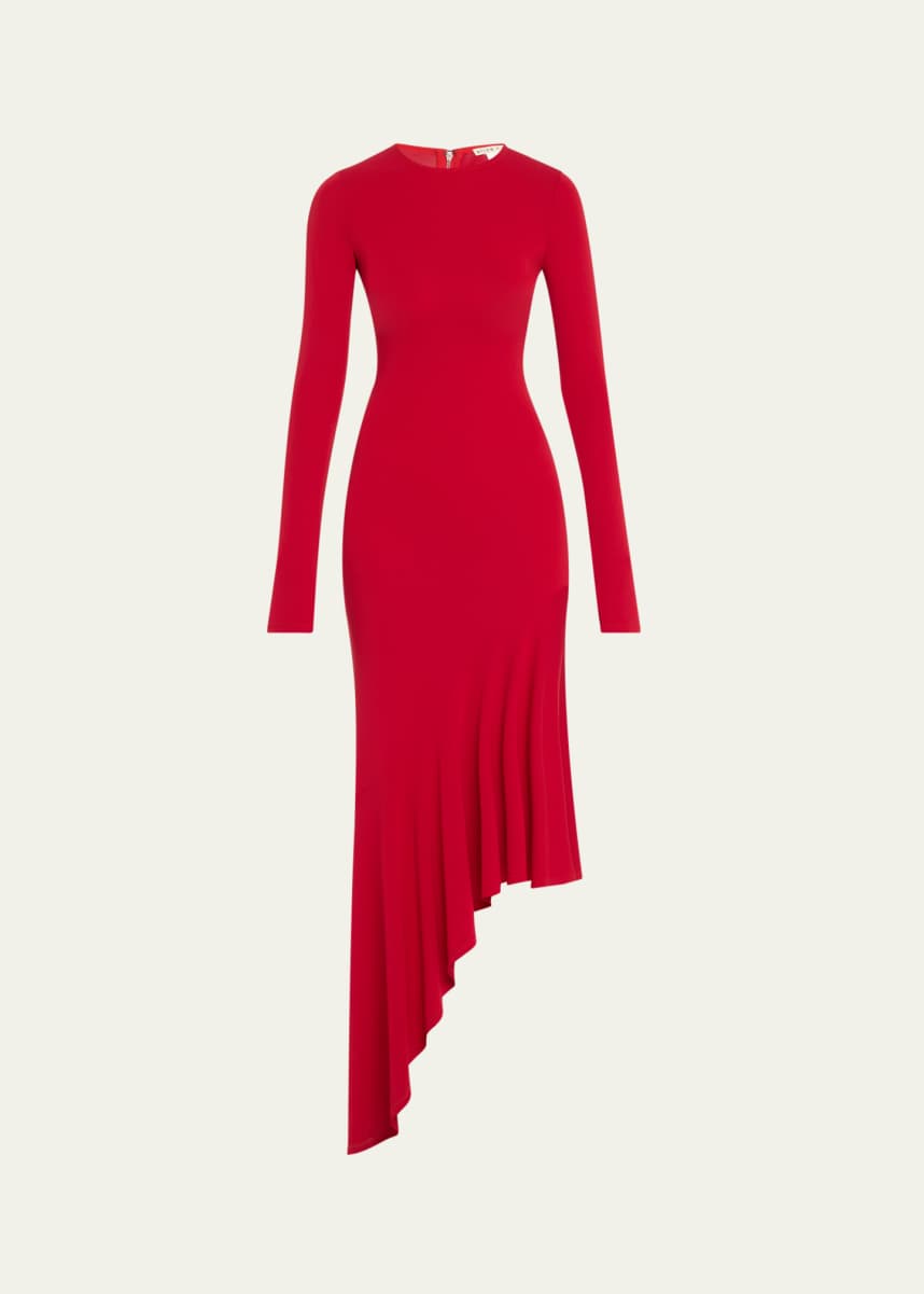 Alice + Olivia Elia Crewneck Asymmetrical Fitted Midi Dress