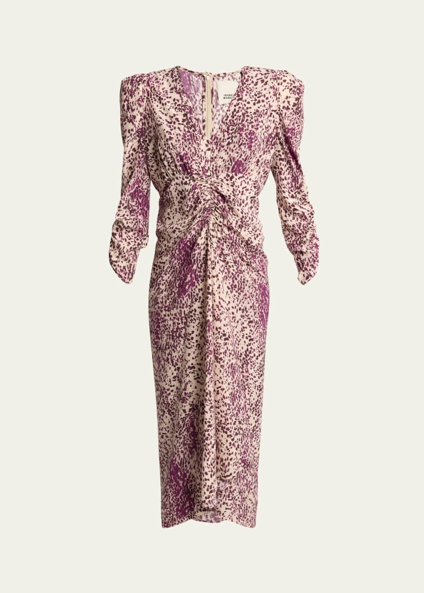 Isabel Marant Albini Spotted-Print Ruched 3/4-Sleeve Midi Dress