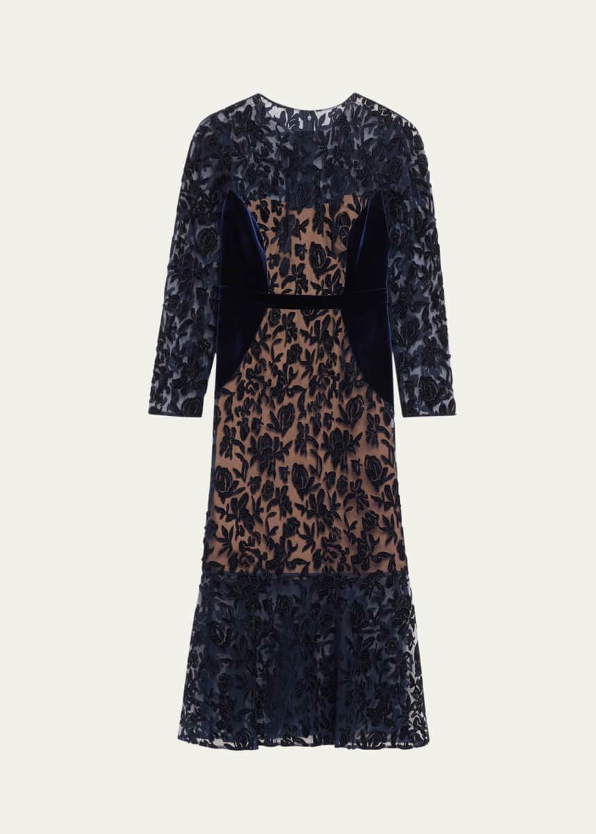 Marchesa Notte Cutwork Velvet & Tulle Midi Dress
