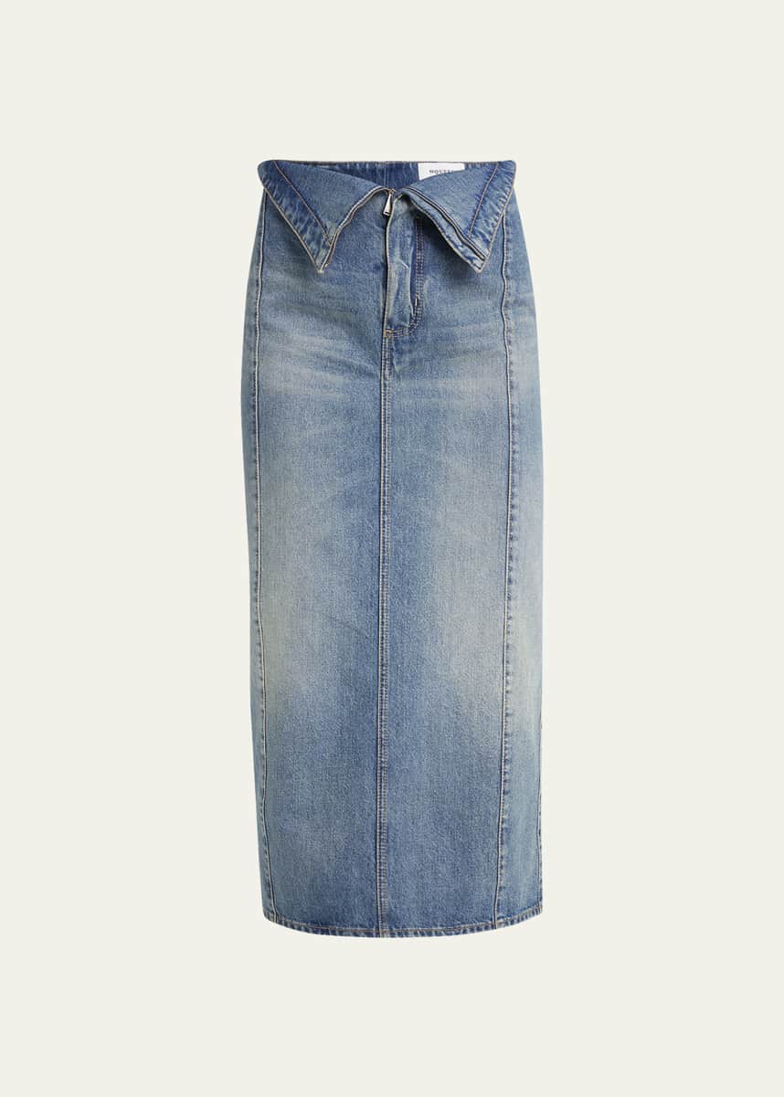 McQueen Foldover-Waist Midi Denim Skirt