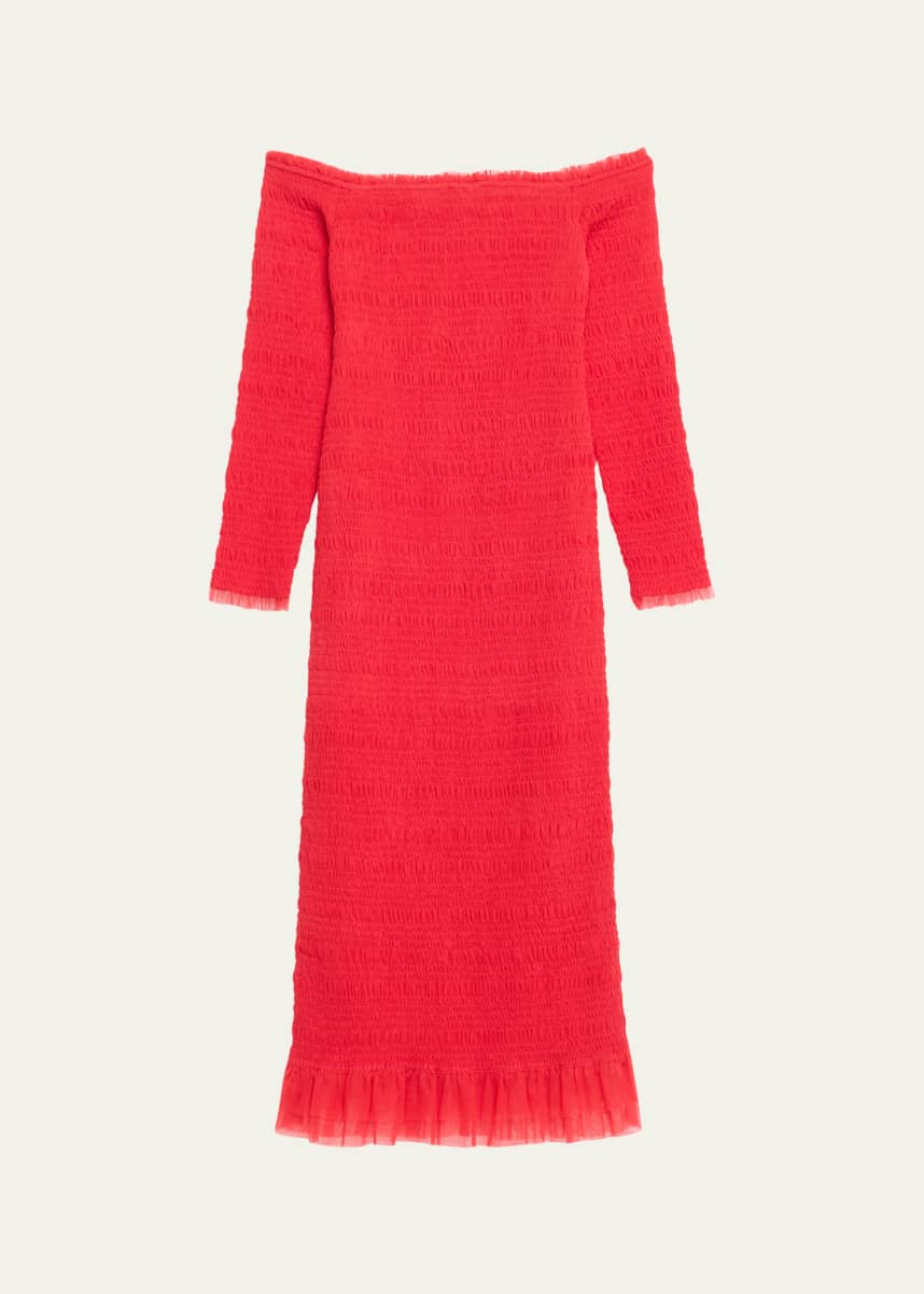 LoveShackFancy Avelle Shirred Off-Shoulder Tulle Dress