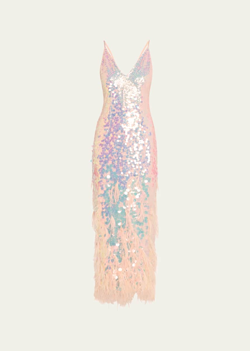 LoveShackFancy Miriana Iridescent Sequined Midi Dress with Feathers