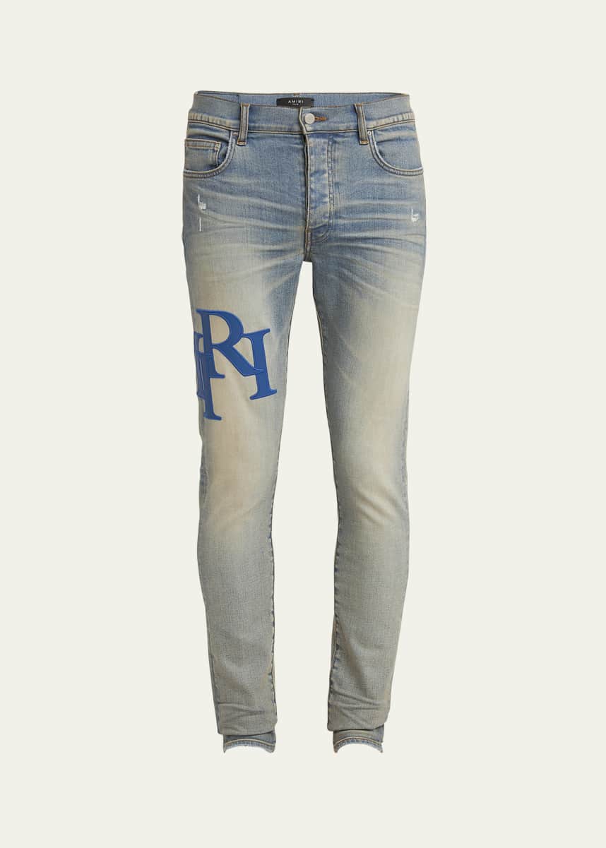 Amiri Men's Staggered Leather Logo Skinny Jeans