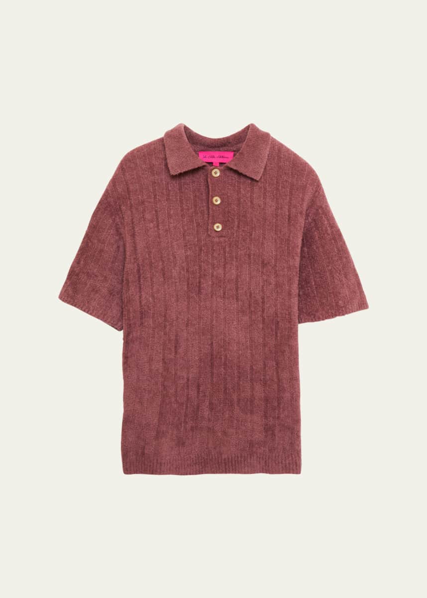 The Elder Statesman Men's Chenille Ribbed Polo Shirt