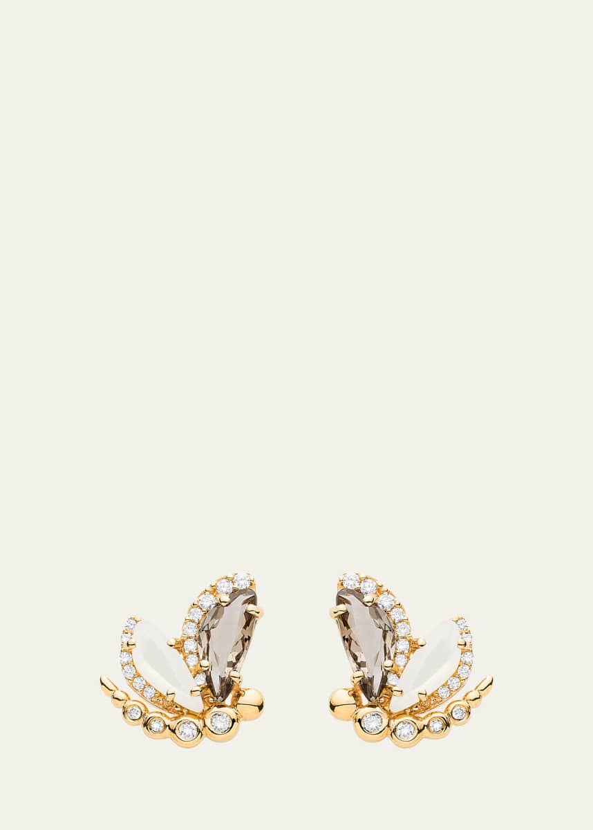 Daniella Kronfle Petite Dragonfly Earrings in 18K Rose Gold with Smokey Quartz, Mother of Pearl and Diamonds