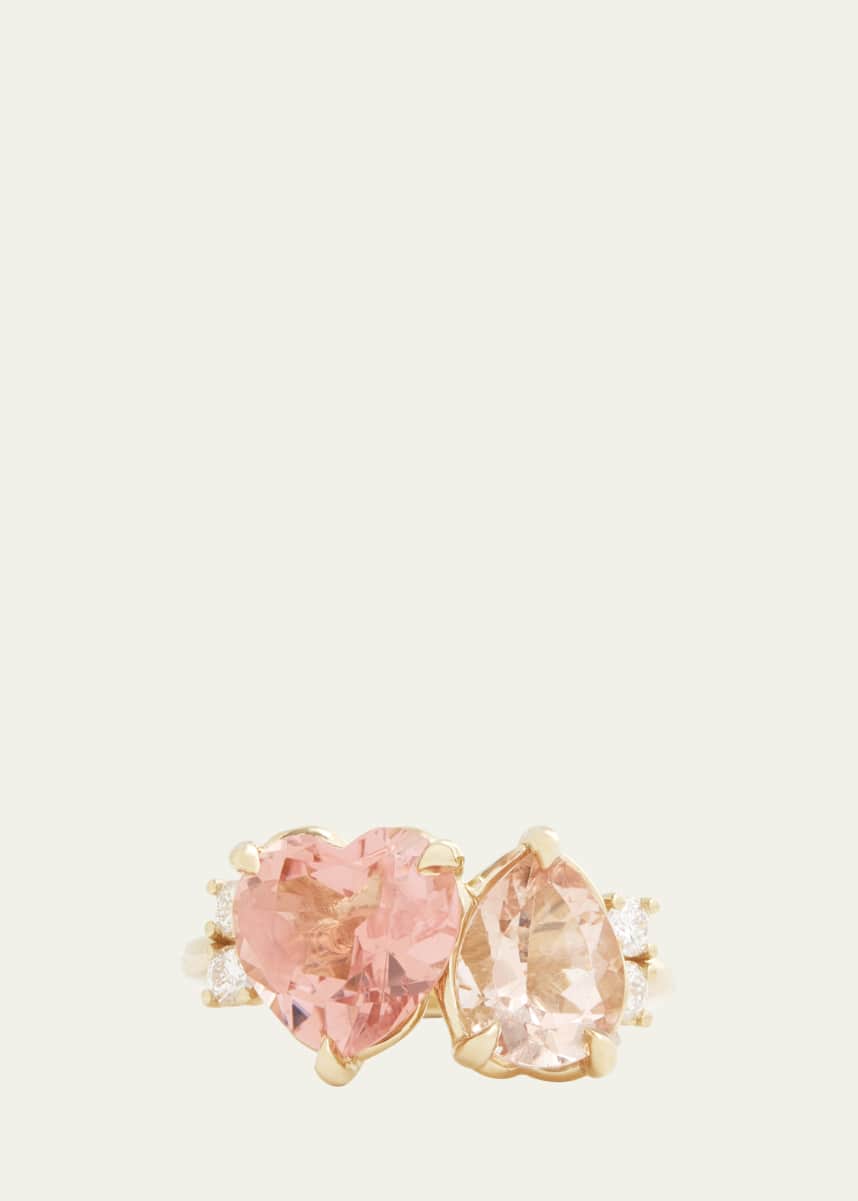 Jamie Wolf 18K Yellow Gold Pink Tourmaline Heart and Morganite Pear Ring with Diamonds