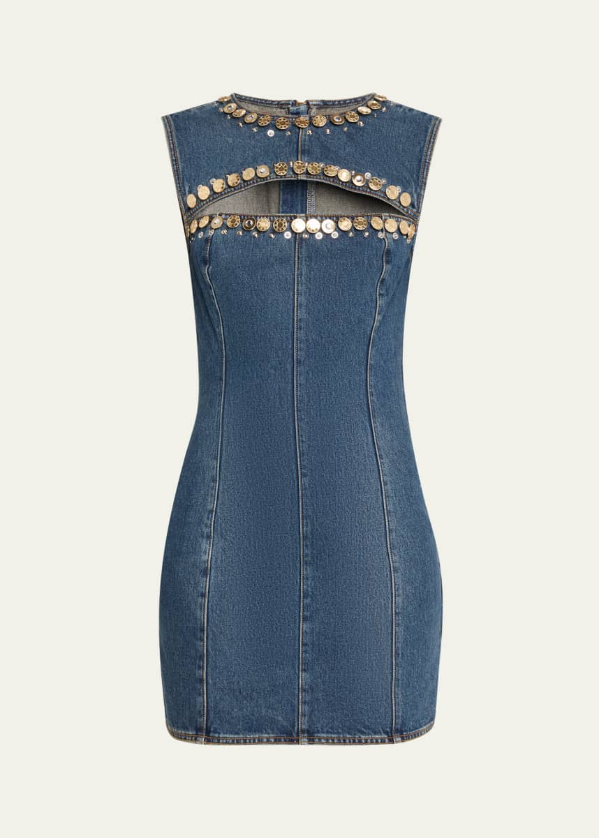 AREA Crystal Button Studded Slit Denim Mini Dress