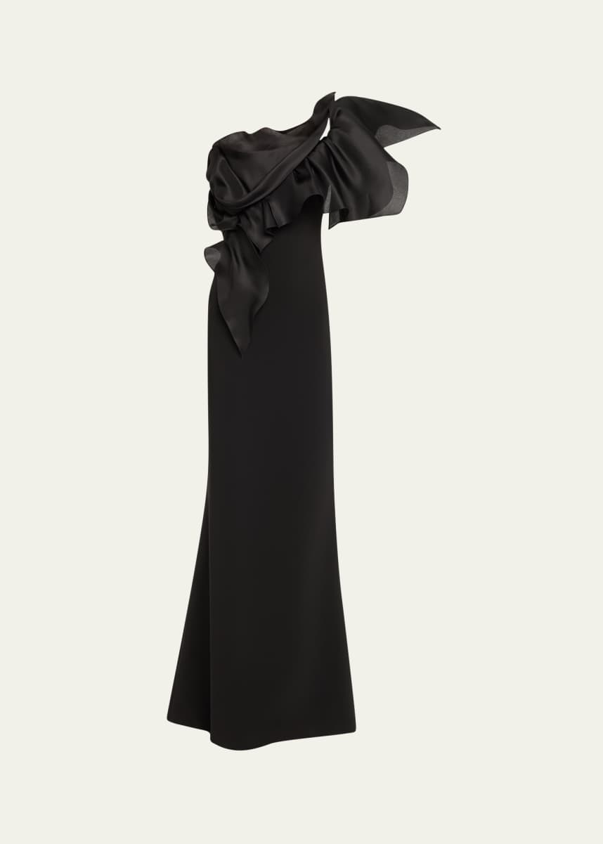 Marchesa One-Shoulder Ruffle Stretch Crepe Gown