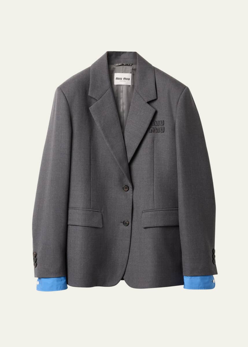 Miu Miu Logo Embroidered Oversized Wool Blazer Jacket