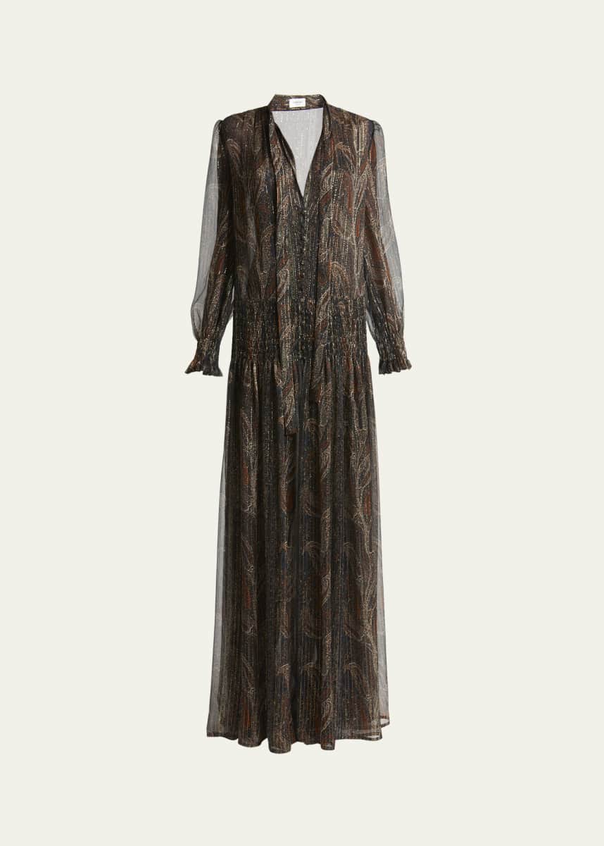 Saint Laurent Paisley Sheer Smocked Tie-Neck Gown