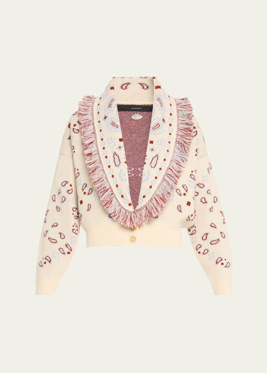 Alanui Jacquard Bandana Fringe Wool Cashmere Bomber Cardigan, White