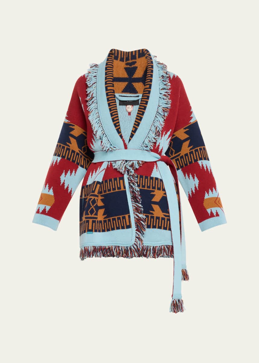Alanui Icon Jacquard Fringe Belted Cashmere Cardigan