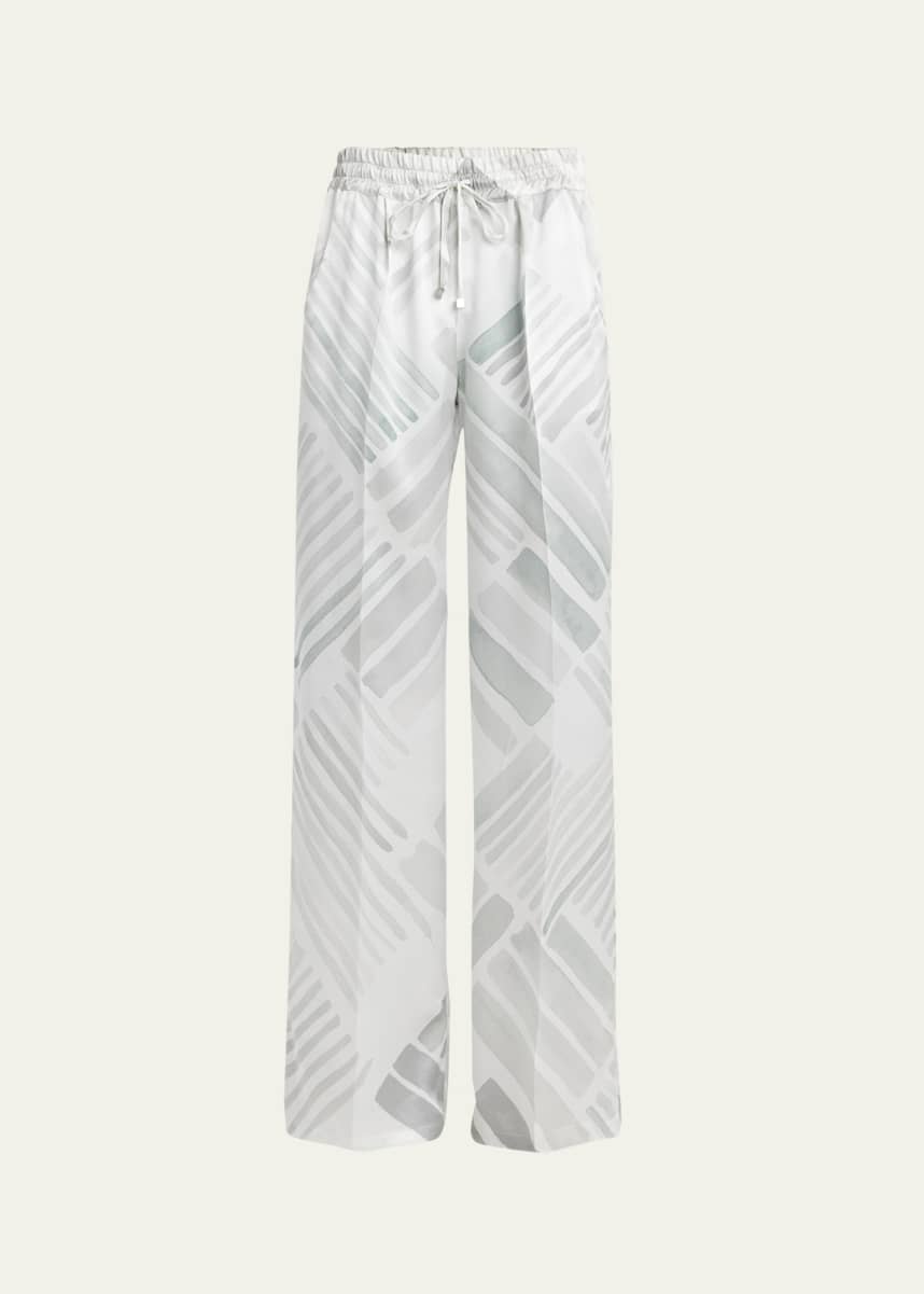 Kiton Abstract Drawstring Wide Leg Silk Trousers