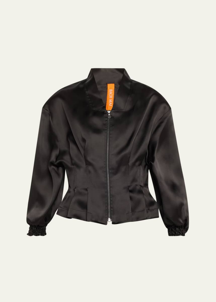 Bach Mai Nipped-Waist Peplum Silk Bomber Jacket