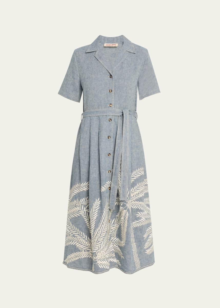 EMPORIO SIRENUSE Claudia Palm-Embroidered Belted Midi Dress