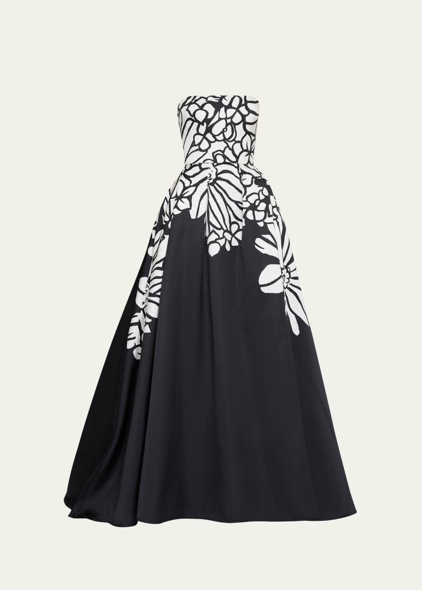 Elie Saab Long Printed Mikado Strapless Gown