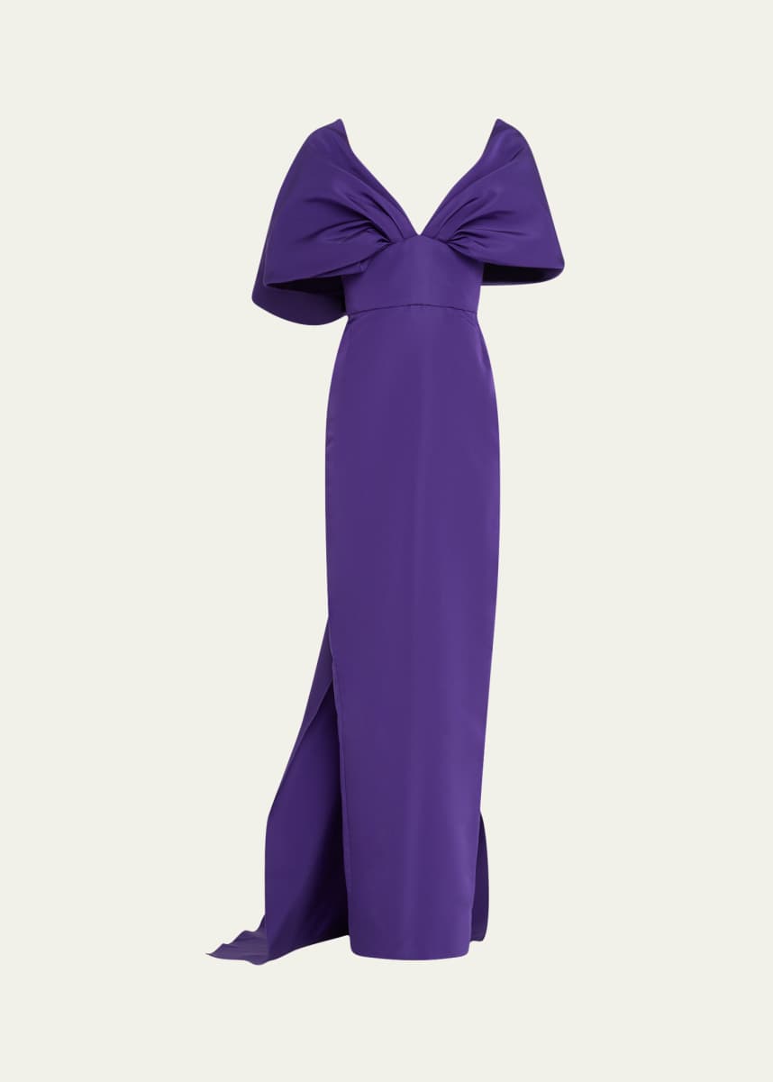 Marchesa Kimono-Sleeve Faille Column Gown with Train