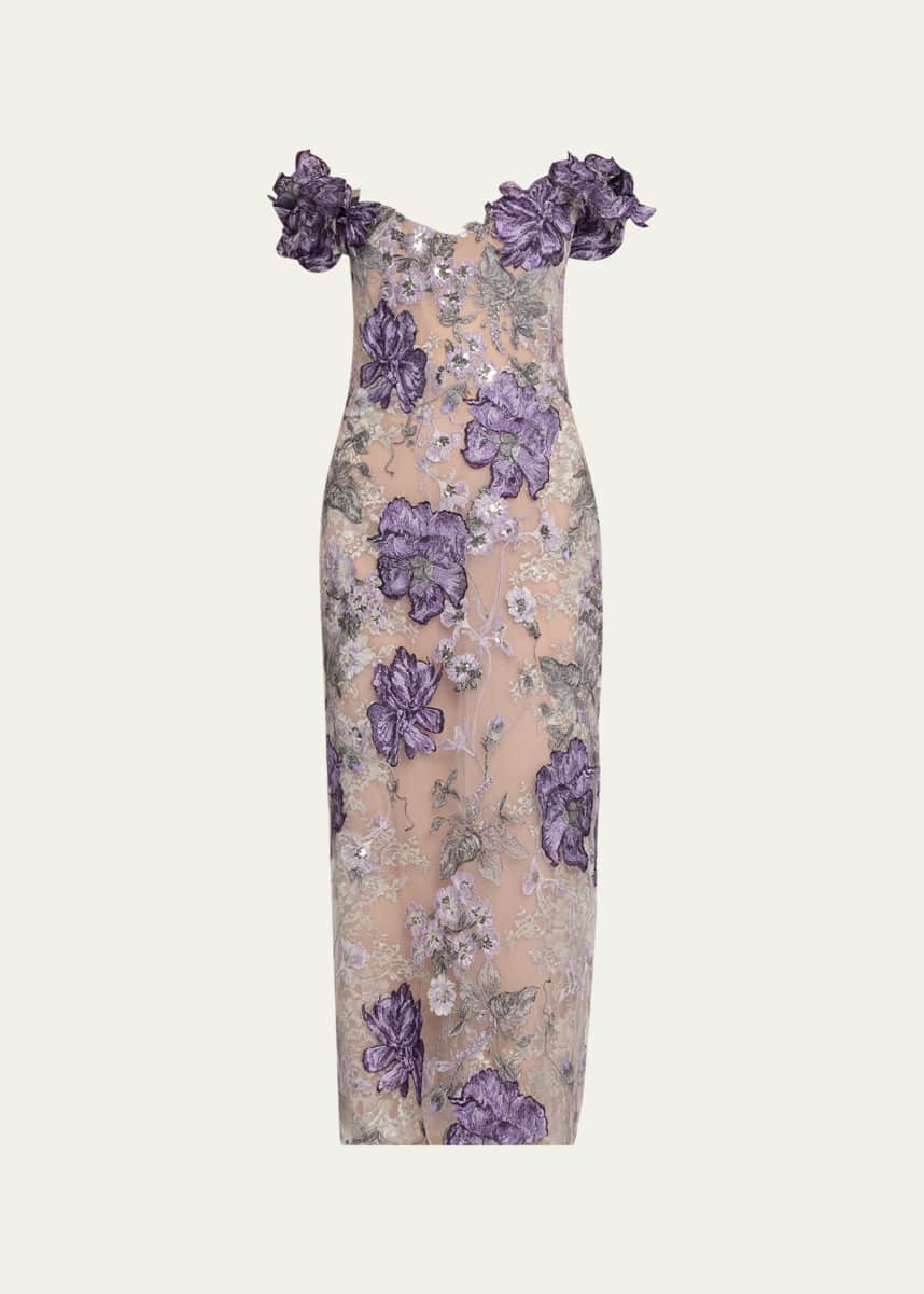 Marchesa Off-Shoulder Floral Threadwork Cocktail Dress