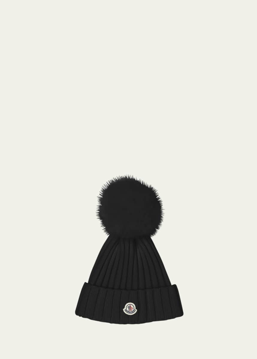 Moncler Ribbed Logo Beanie with Faux Fur Pom