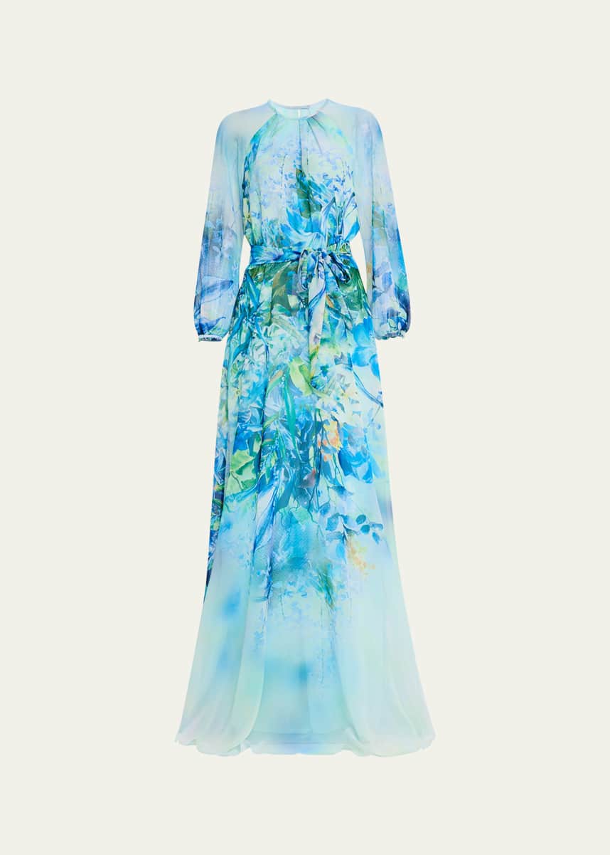 Rickie Freeman for Teri Jon Floral-Print Chiffon Gown
