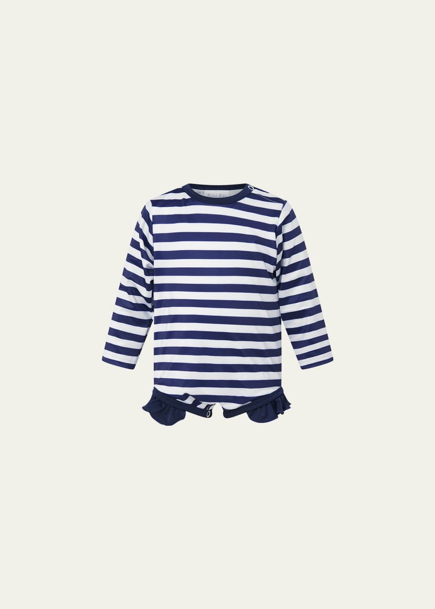 Rachel Riley Girl's Breton Stripe Frill Rashguard One-Piece Swimsuit, Size 6M-24M