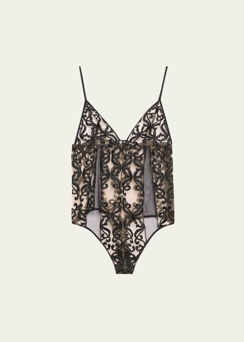 Kiki De Montparnasse Leah Embroidered Stretch Tulle Bodysuit