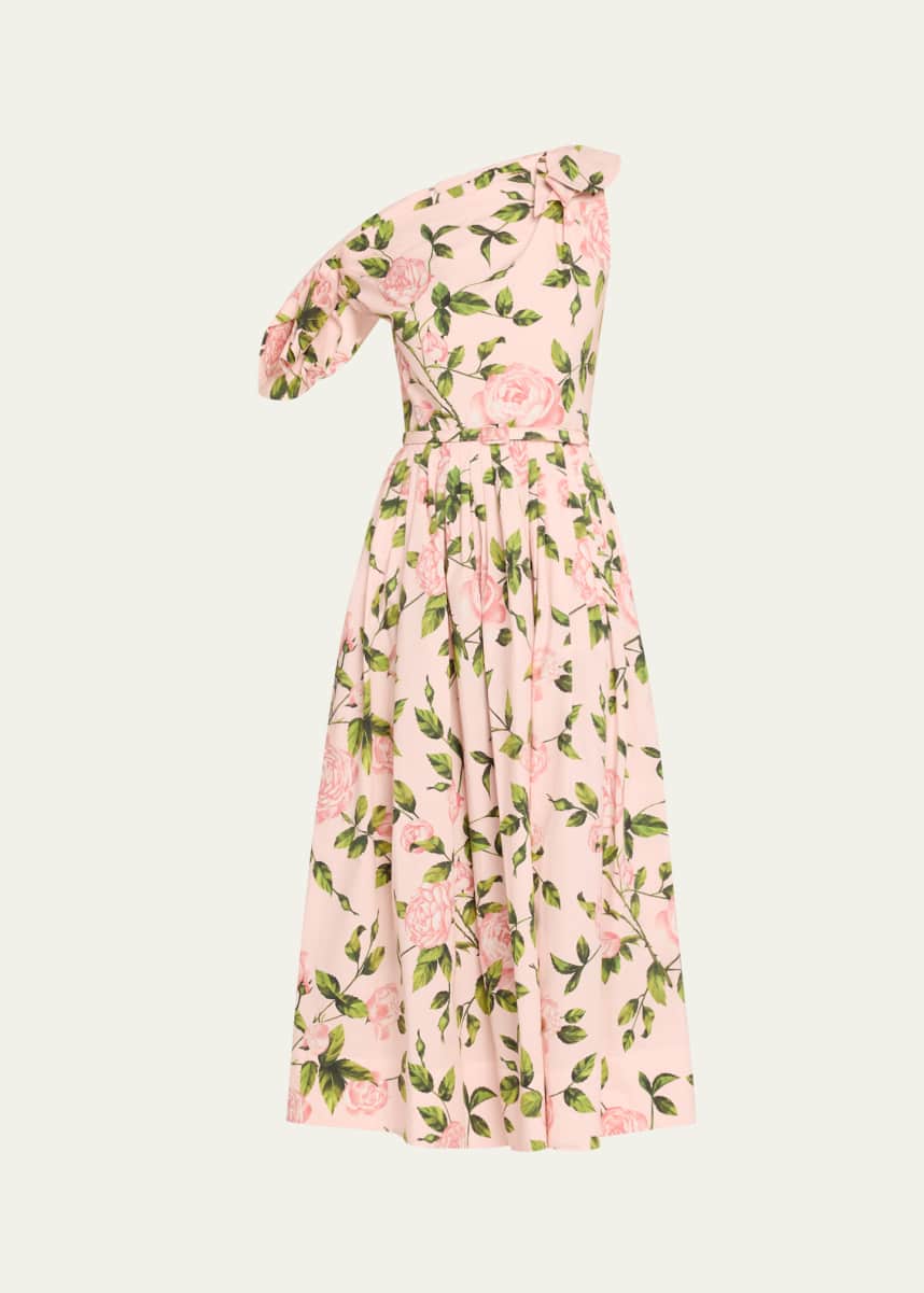 Oscar de la Renta Tie Off-The-Shoulder English Roses Poplin Midi Dress