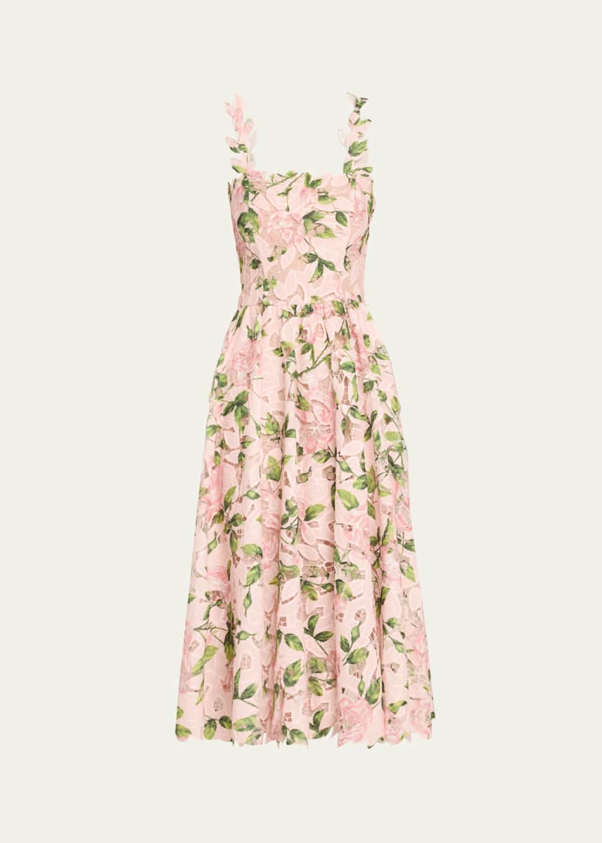Oscar de la Renta Printed Garden Rose Guipure Sleeveless Midi Dress