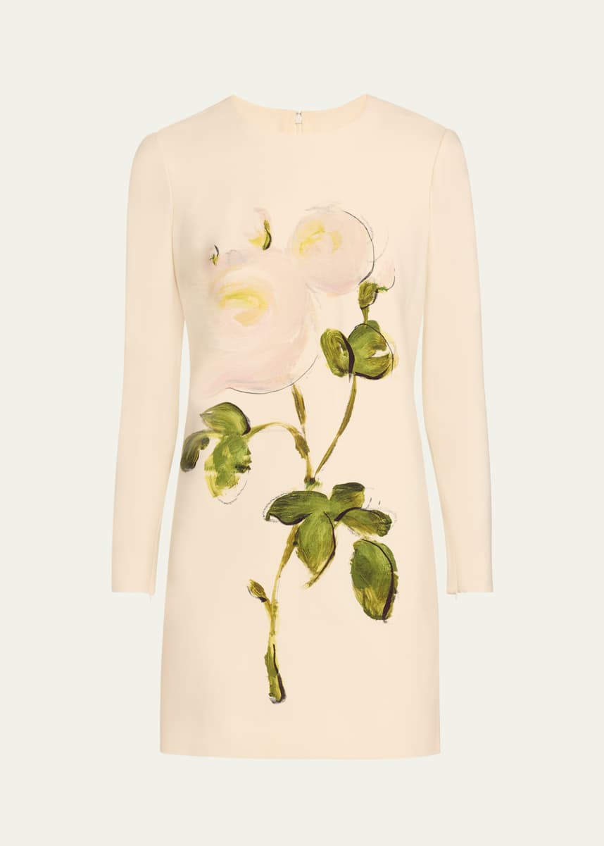 Oscar de la Renta Long-Sleeve Painted Roses Wool Mini Dress