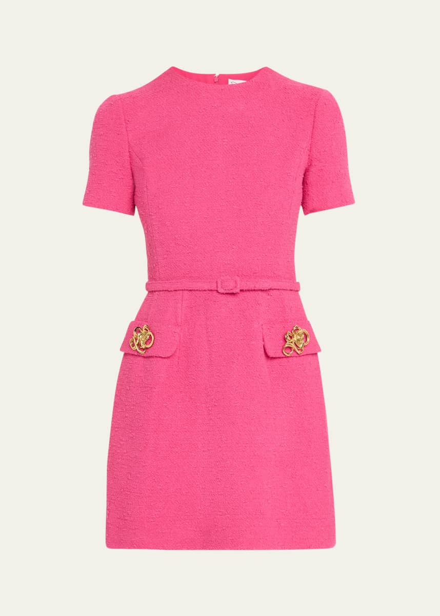 Oscar de la Renta Short-Sleeve Rose-Button Tweed Mini Day Dress With Belt