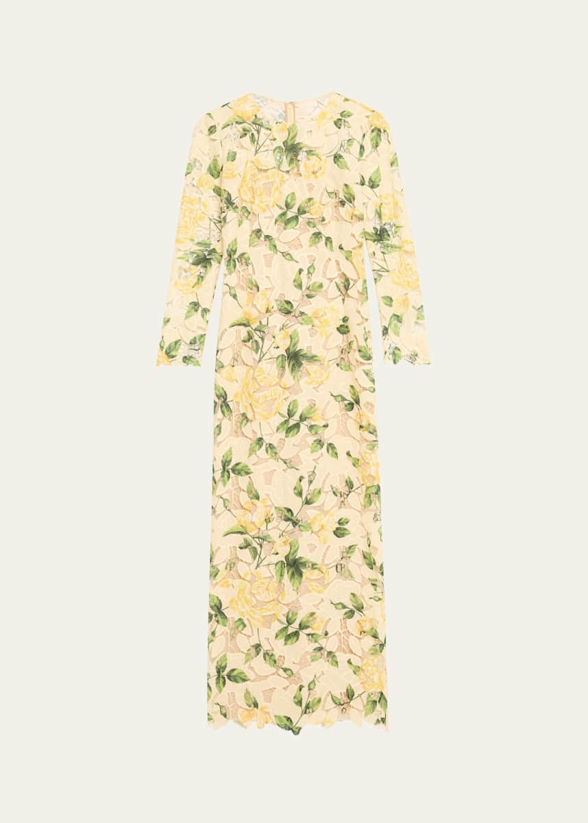 Oscar de la Renta Long-Sleeve Printed Garden Rose Guipure Maxi Dress