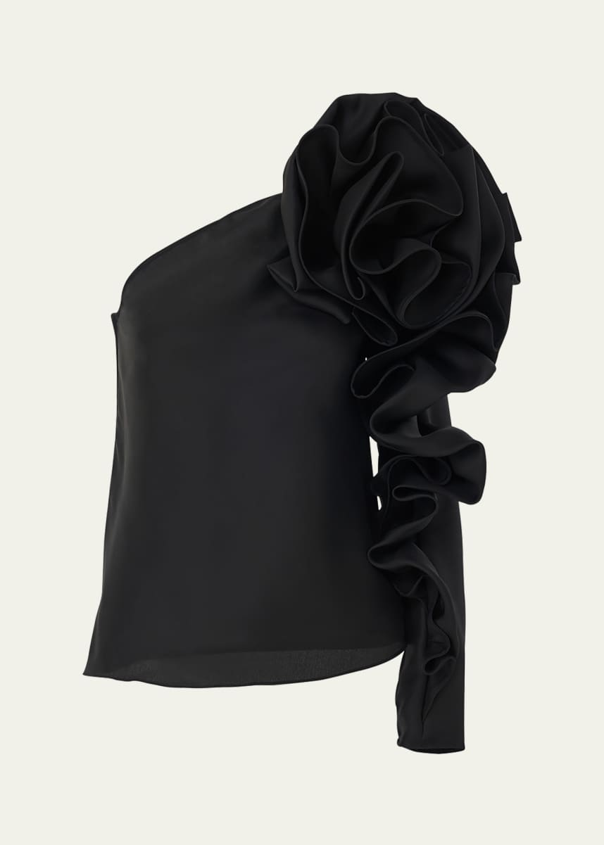 Carolina Herrera One-Shoulder Flower Sleeve Silk Top