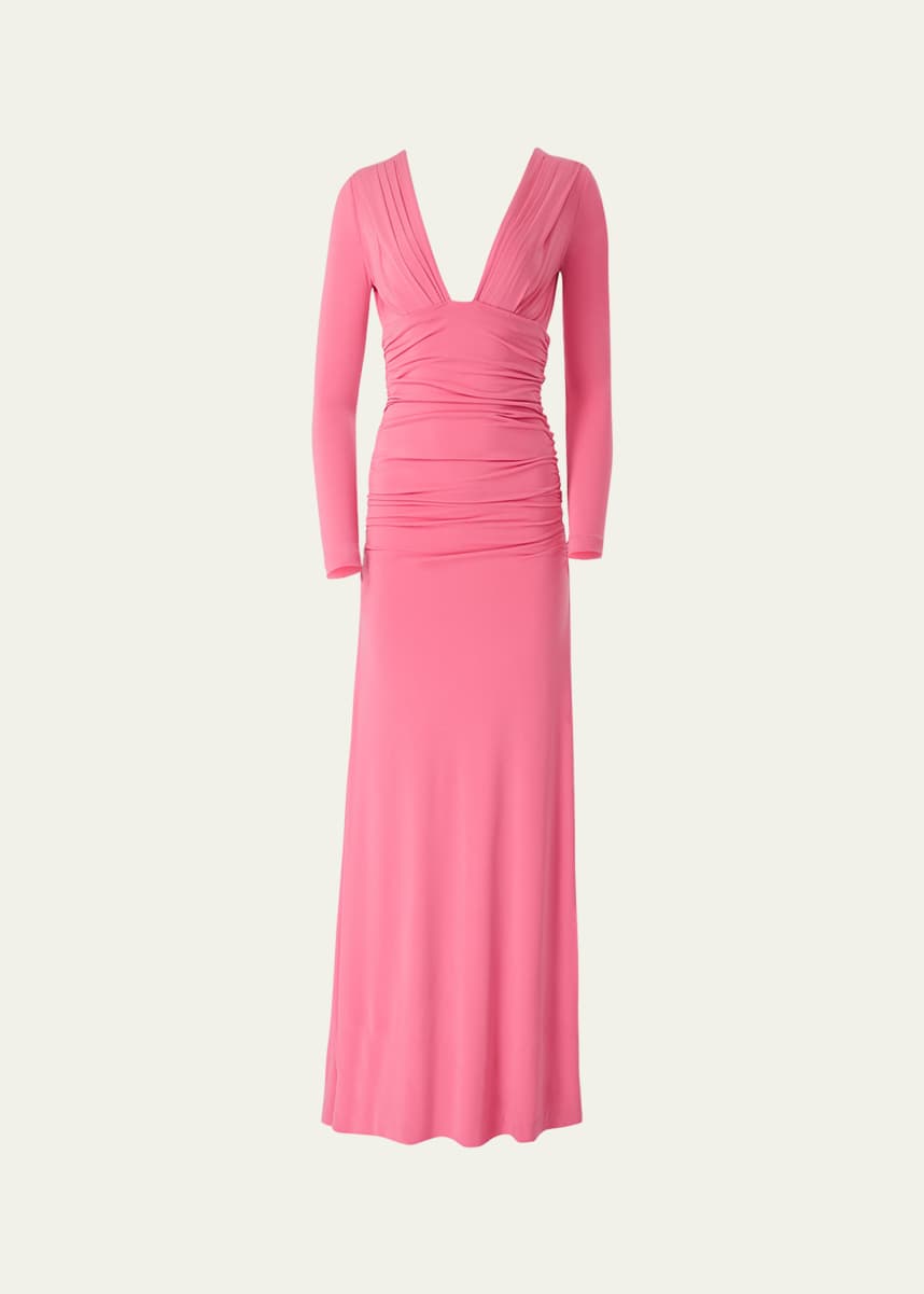 Carolina Herrera Plunging Ruched Long-Sleeve Maxi Dress