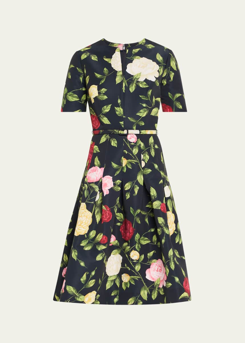 Oscar de la Renta Short-Sleeve Belted English Rose Faille Dress
