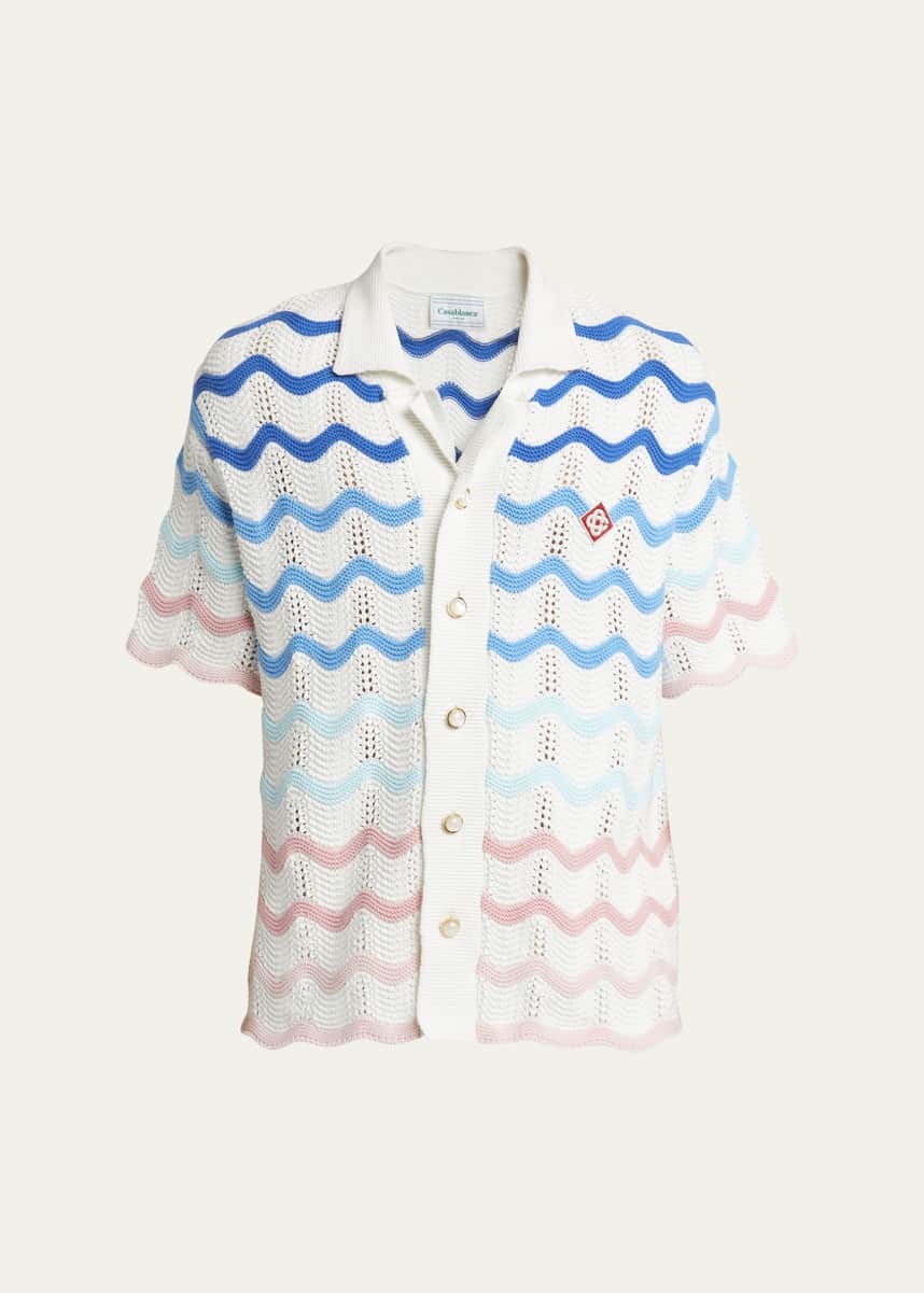 CASABLANCA Men's Crochet Wave Stripe Short-Sleeve Shirt