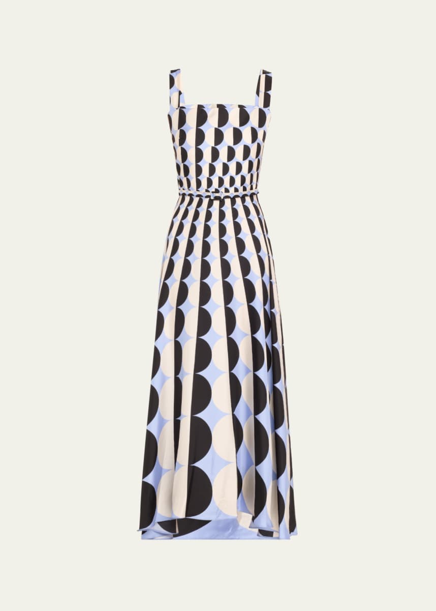 Oscar de la Renta Long Geometric Square Neck Twill Silk Dress