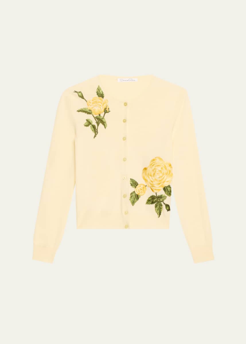 Oscar de la Renta Rose Embroidered Wool Cardigan