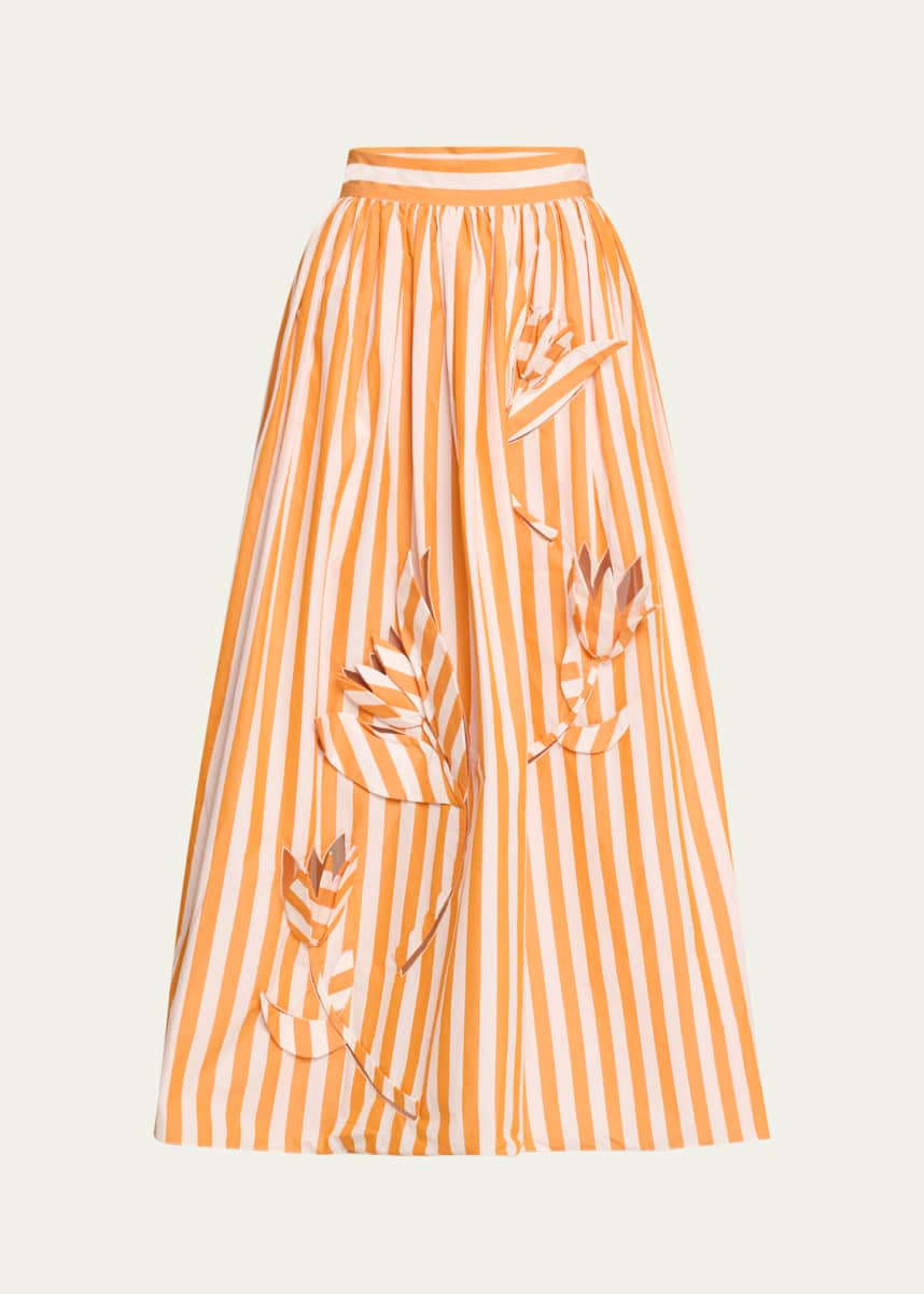 Oscar de la Renta Floral Cut Out Striped Cotton Maxi Skirt