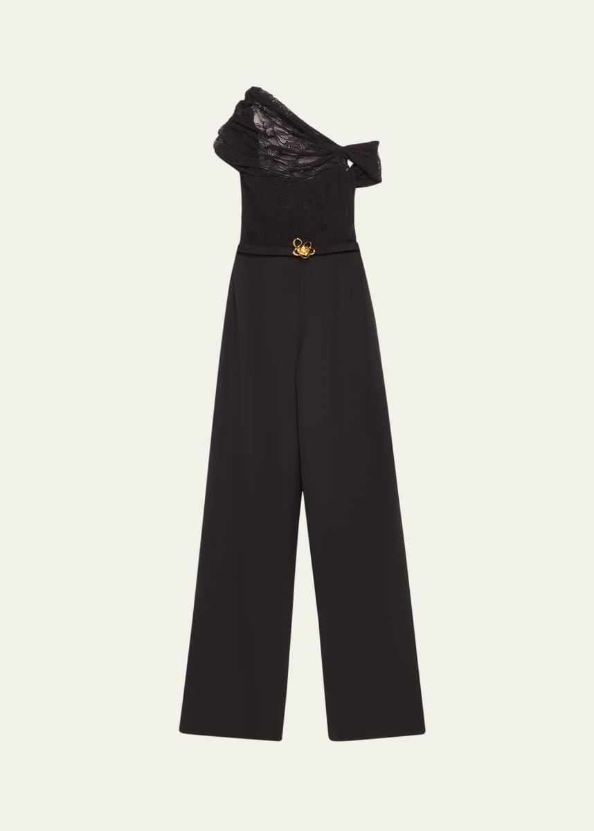 Oscar de la Renta Floral Lace Grain De Poudre Wide Leg Jumpsuit
