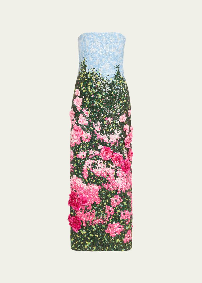 Oscar de la Renta Strapless English Rose Field Beaded Gown