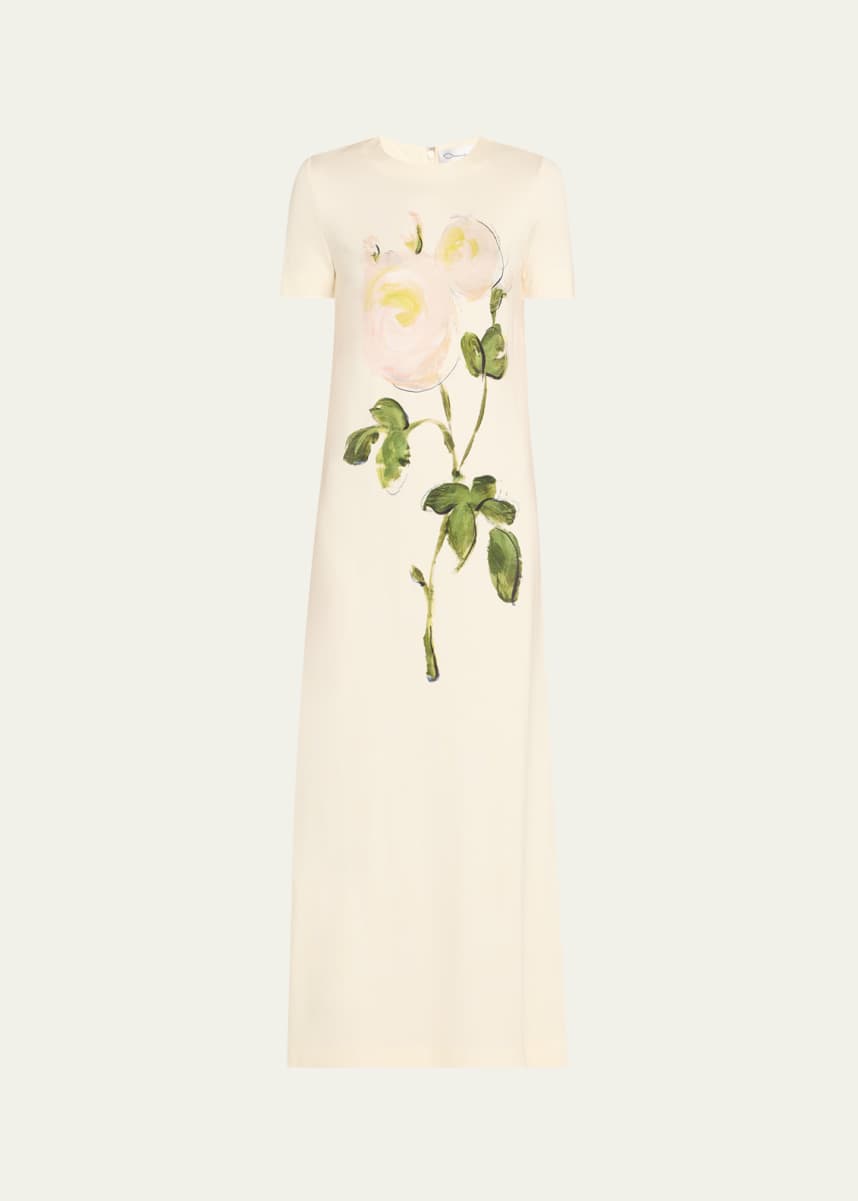 Oscar de la Renta Painted White Roses Jersey Short-Sleeve Maxi Dress