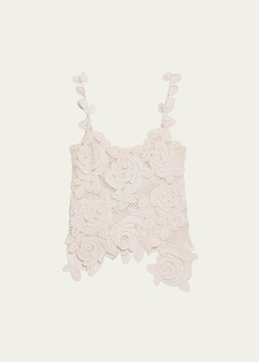 Oscar de la Renta Rose Crochet Mesh Asymmetric Tank Top