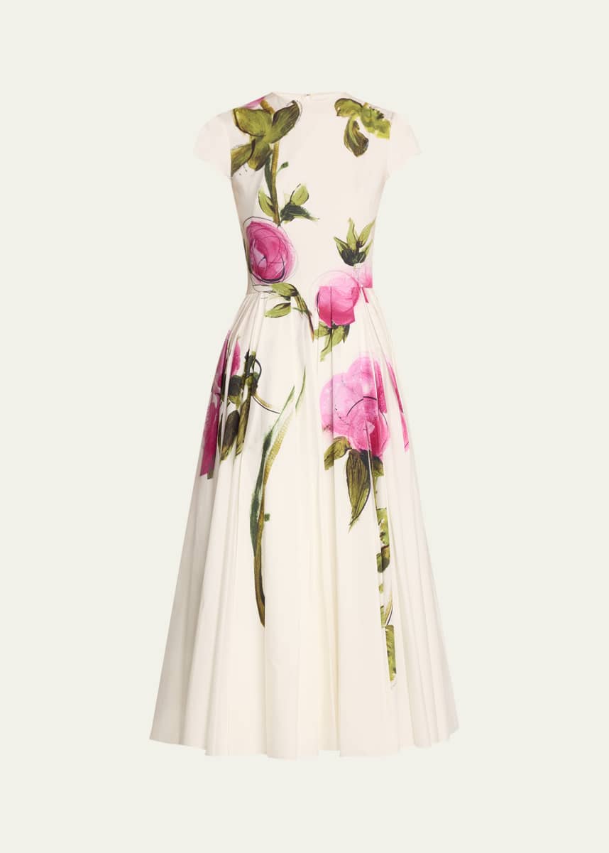 Oscar de la Renta Pleated Painted Roses Poplin Midi Dress
