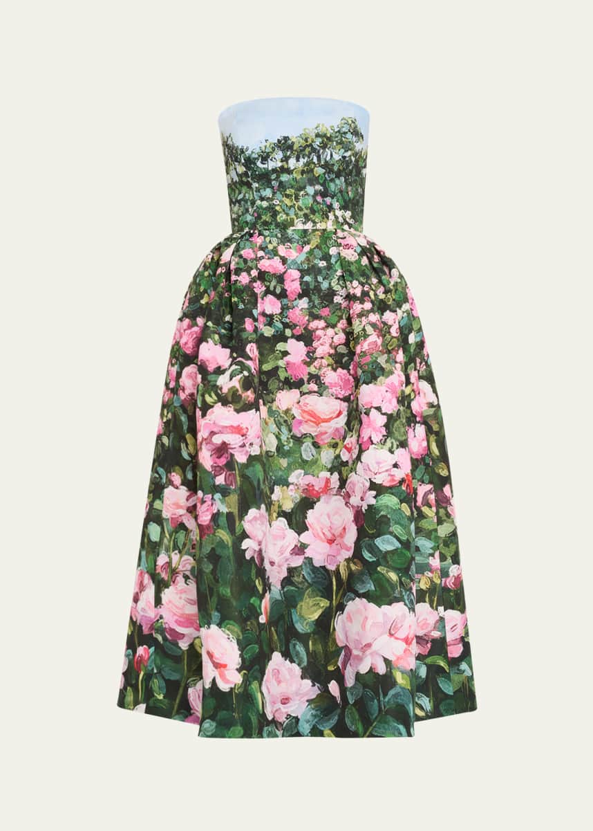 Oscar de la Renta Strapless Painted Bellflower Faille Gown