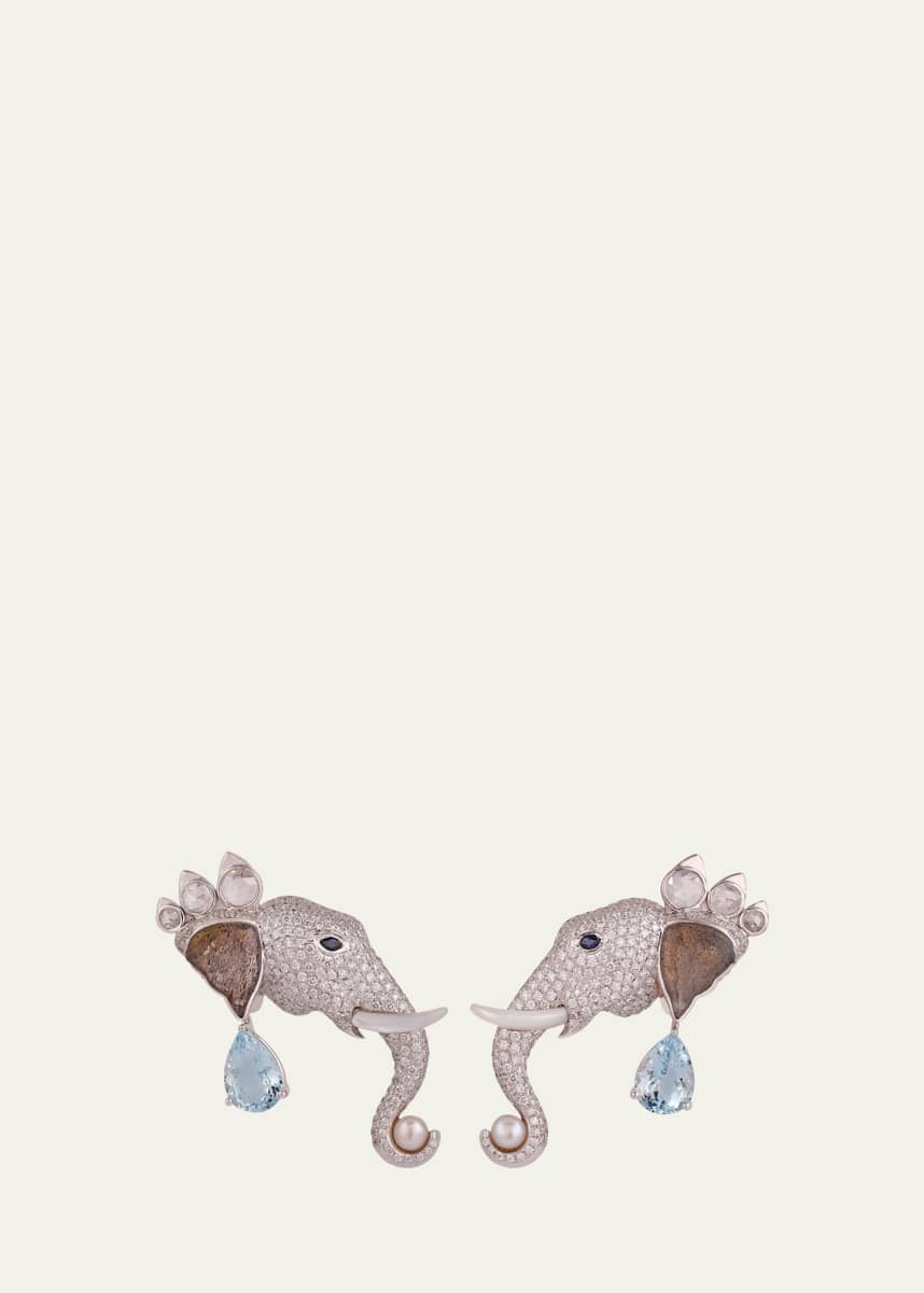 Gyan Jaipur 18K White Gold Elephant Diamond and Gemstone Earrings, One-Of-A-Kind
